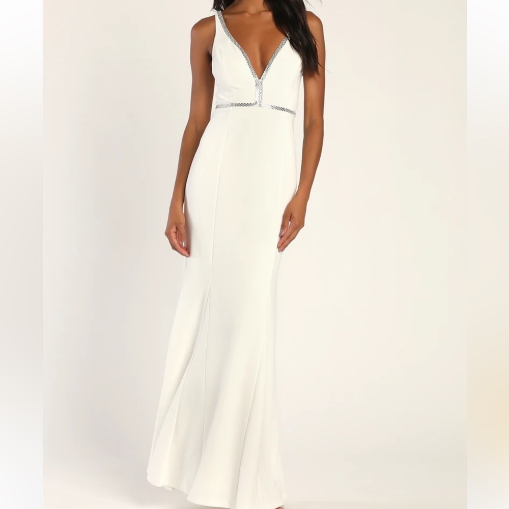 SOLD OUT Lulu’s Forever Falling For You White Rhinestone Mermaid Maxi Dress